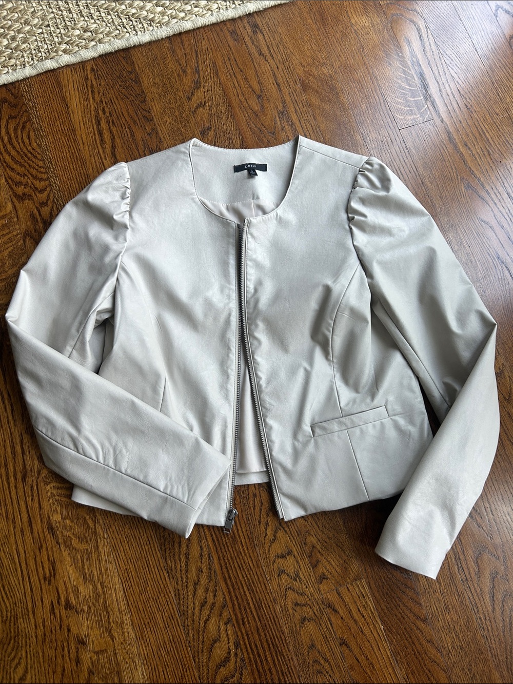 DREW Taupe Round-Neck Faux Leather Zip Jacket